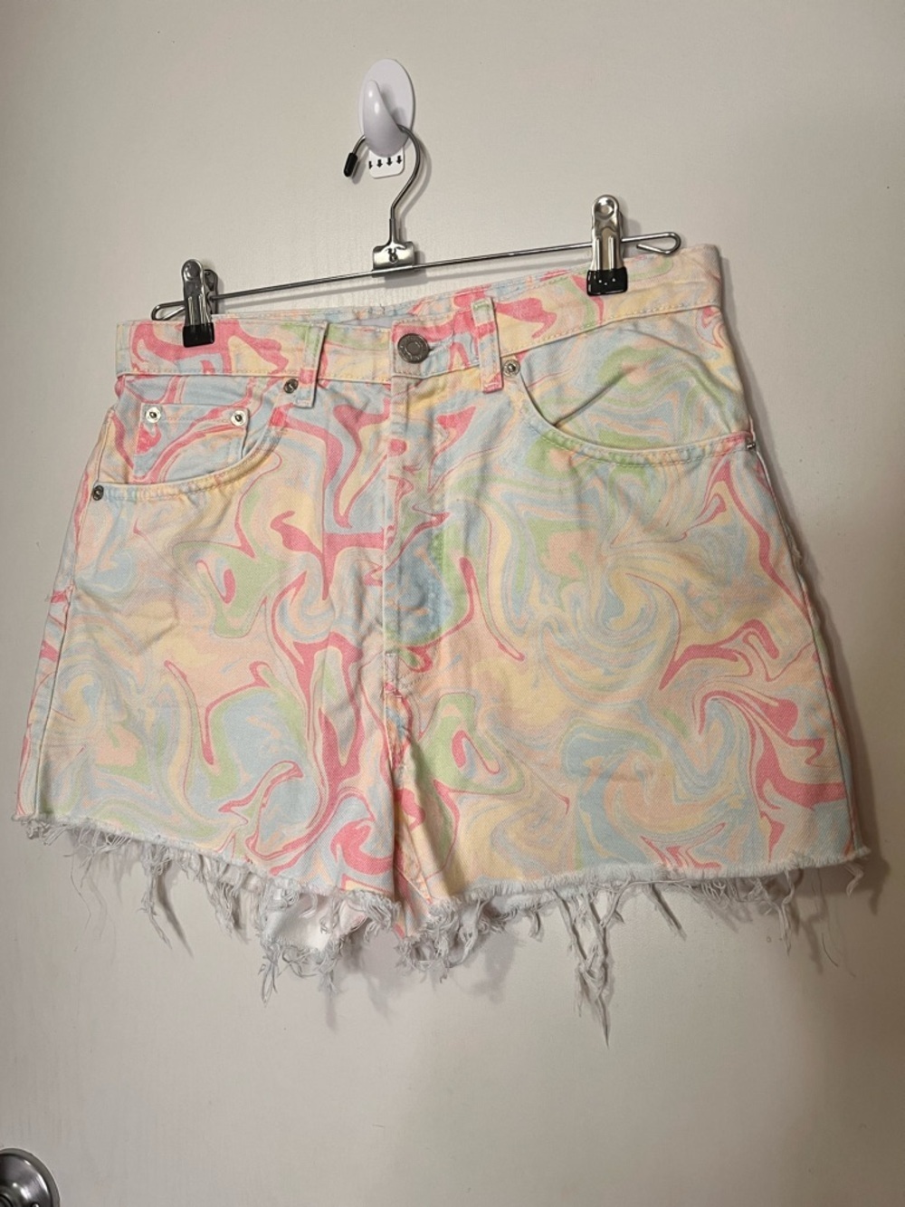 Zara Pastel Swirl Denim Shorts in Pink, Blue, Yellow, Green